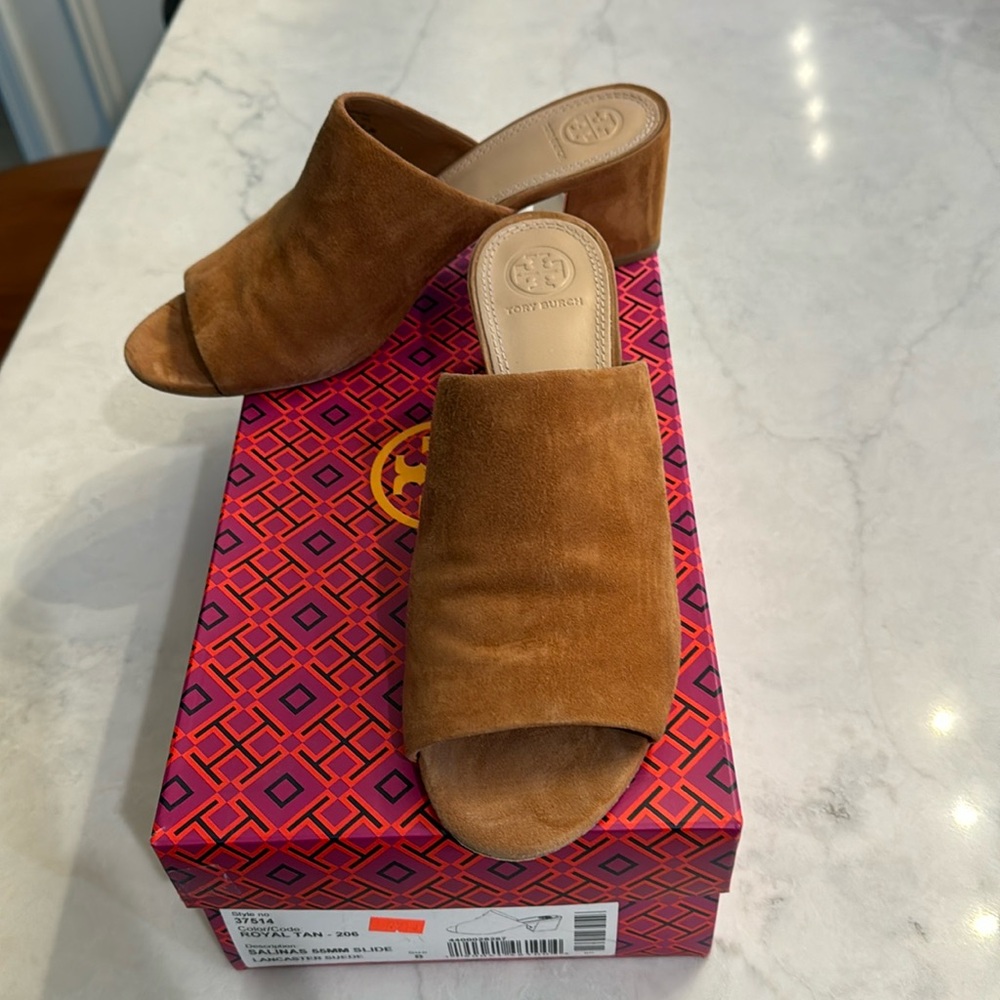Tory Burch Salinas Slide Block Heel Royal Tan  Sandals Size 8